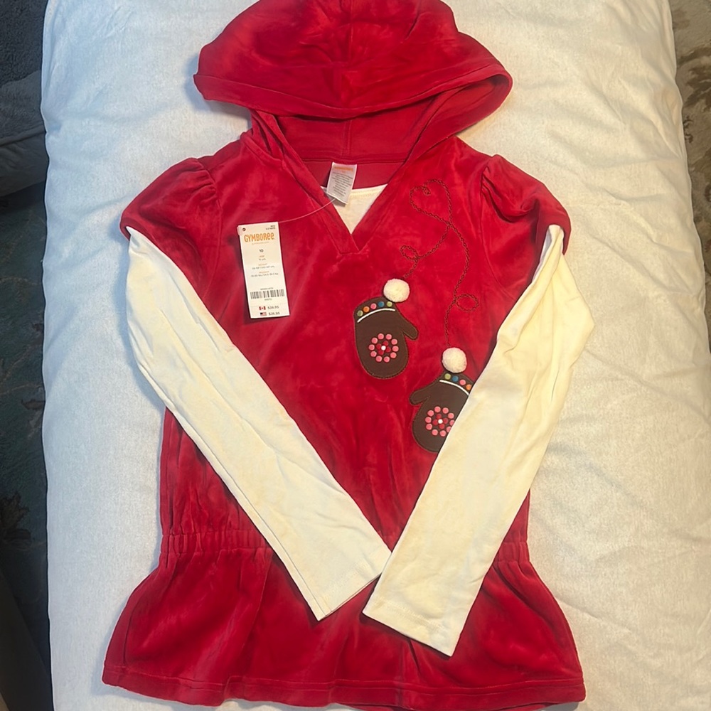 NWT Gymboree red velvet long sleeve latex shirt with hoodie and mittens on front